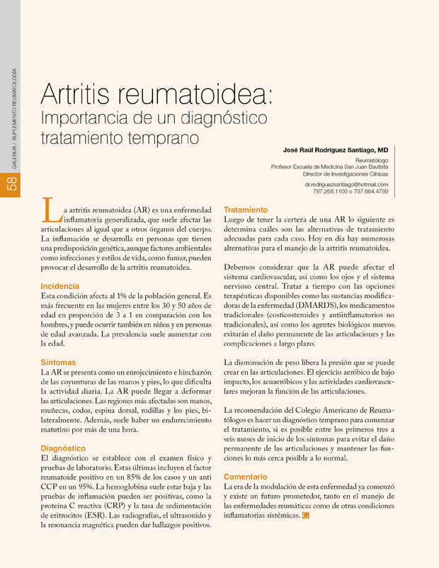 Artritis reumatoidea: Importancia de un diagnóstico tratamiento temprano 