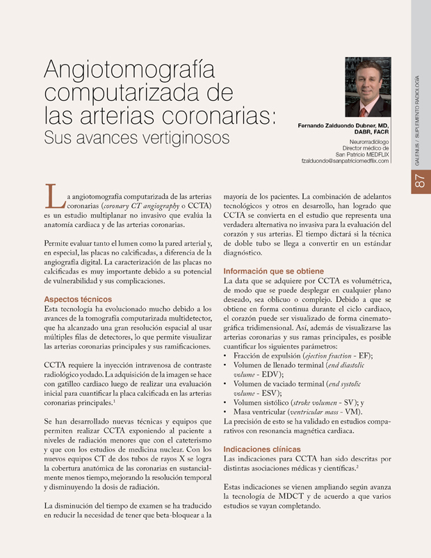 Angiotomografía computarizada de las arterias coronarias: Sus avances vertiginosos 