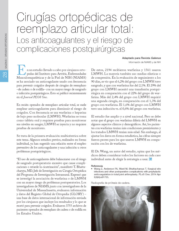 Cirugías ortopédicas de reemplazo articular total: Los anticoagulantes y el riesgo de complicaciones postquirúrgicas  