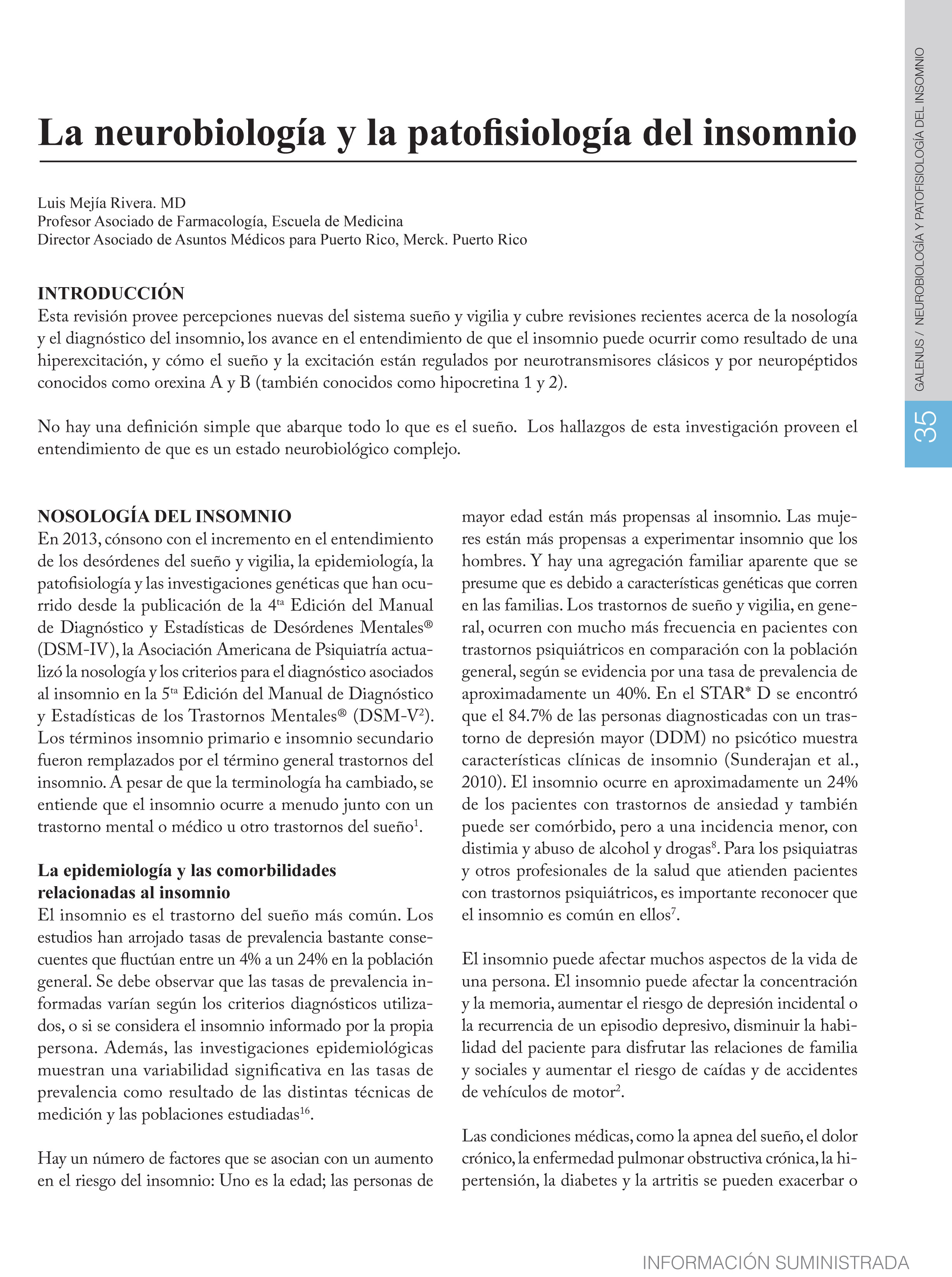 La neurobiología y la patofisiología del insomnio  