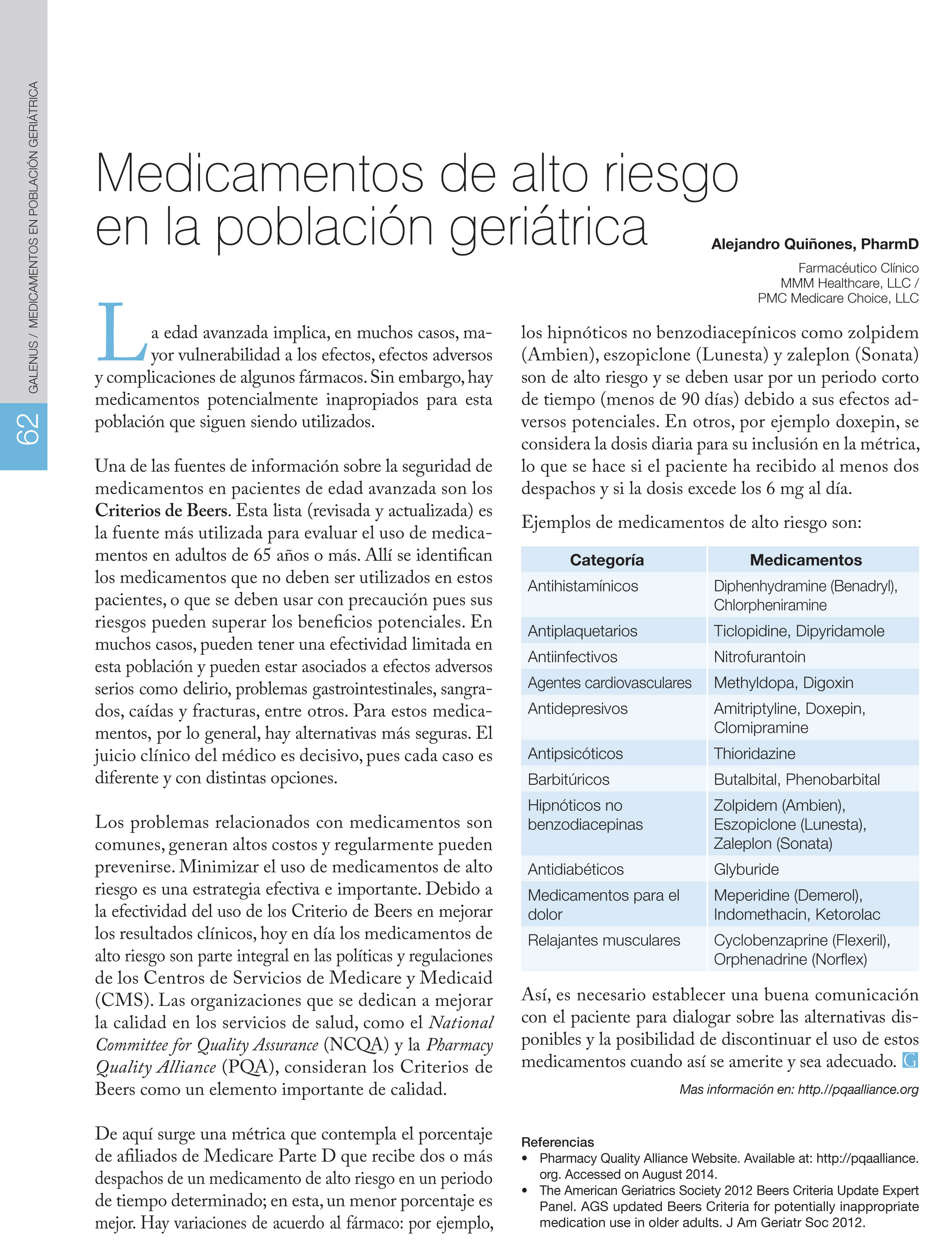 Medicamentos de alto riesgo en la población geriátrica  