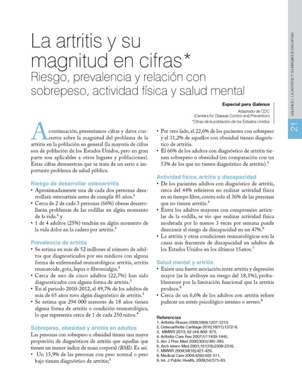 La artritis y su magnitud en cifras* Riesgo, prevalencia y relación con sobrepeso, actividad física y salud mental 