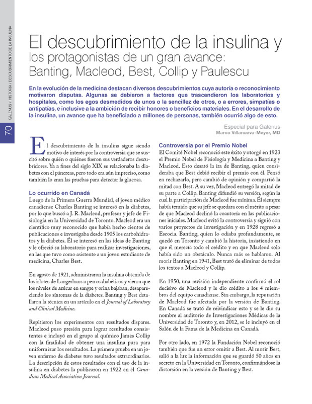 El descubrimiento de la insulina y los protagonistas de un gran avance: Banting, Macleod, Best, Collip y Paulescu 