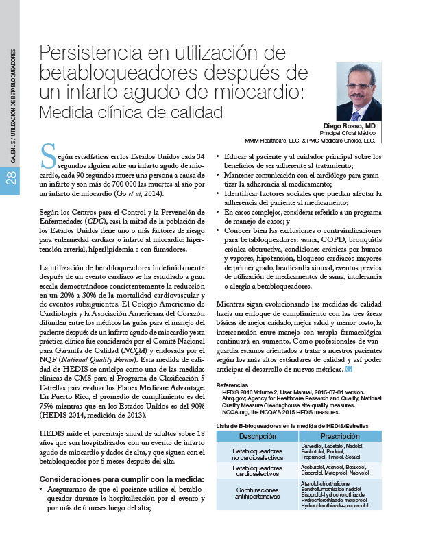 Persistencia en utilización de betabloqueadores después de un infarto agudo de miocardio: Medida clínica de calidad 