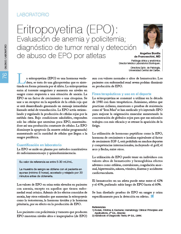 Laboratorio: Eritropoyetina (EPO): Evaluación de anemia y policitemia; diagnóstico de tumor renal y detección de abuso de EPO por atletas 
