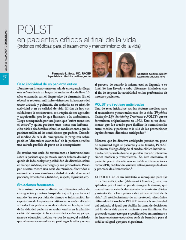 POLST en pacientes críticos al final de la vida (órdenes médicas para el tratamiento y mantenimiento de la vida) 