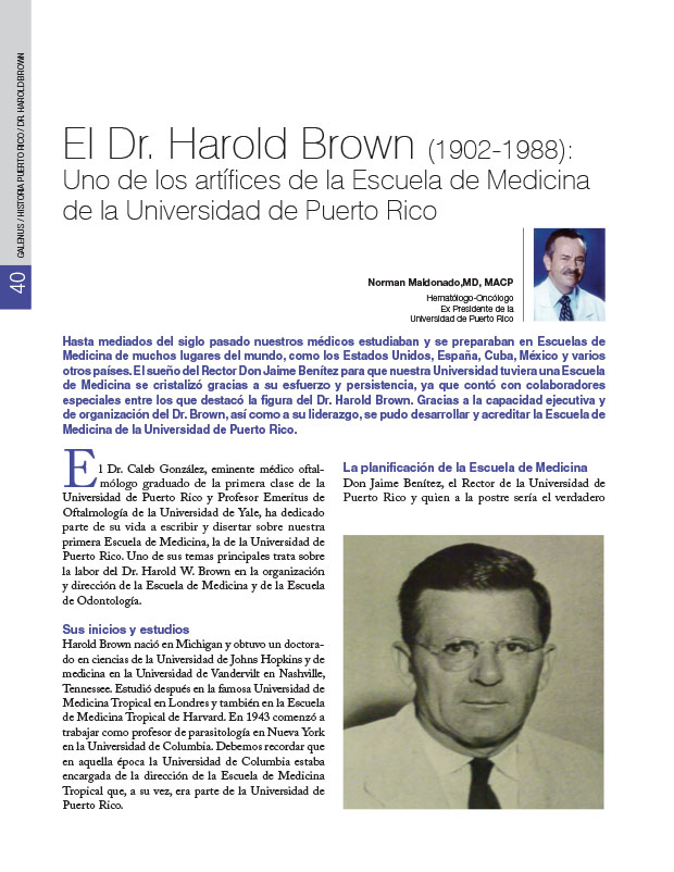 Historia de la Medician de Puerto Rico: El Dr. Harold Brown (1902-1988): Uno de los artífices de la Escuela de Medicina de la Universidad de Puerto Rico 