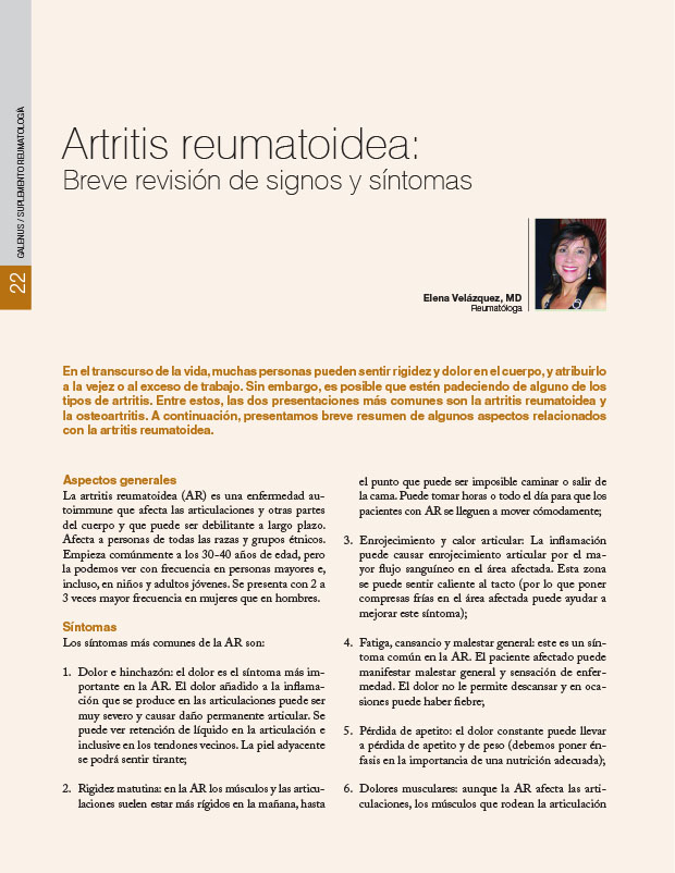 Artritis reumatoidea: Breve revisión de signos y síntomas 