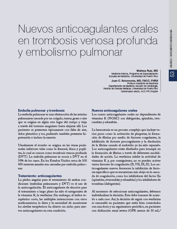 Nuevos anticoagulantes orales en trombosis venosa profunda y embolismo pulmonar 