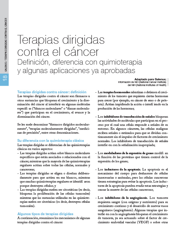 Terapias dirigidas contra el cáncer Definición, diferencia con quimioterapia y algunas aplicaciones ya aprobadas 