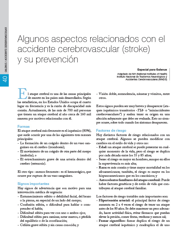 Algunos aspectos relacionados con el accidente cerebrovascular (stroke) y su prevención 