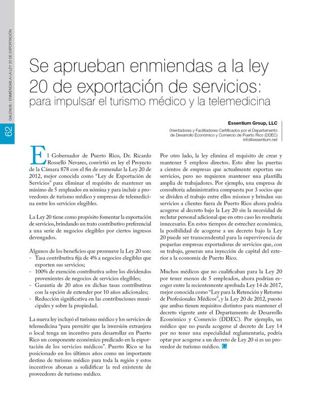 Se aprueban enmiendas a la ley 20 de exportación de servicios 