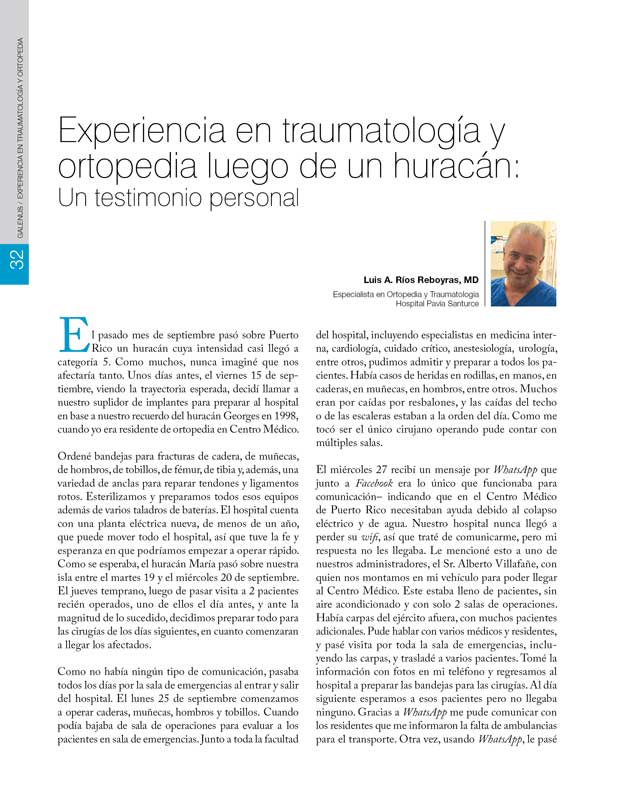 Experiencia en traumatología y  ortopedia luego de un huracán: Un testimonio personal 